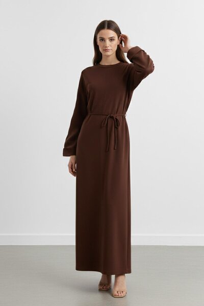 Puane Women's Basic Waist Detailed Long Sleeve Scuba Dress-12672Elb - Brown