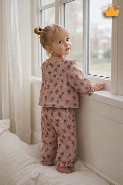 Babyhola Fırfır Yakalı Çiçek Desenli Müslin Bayramlık Kız Bebek Takım Üst ve ...