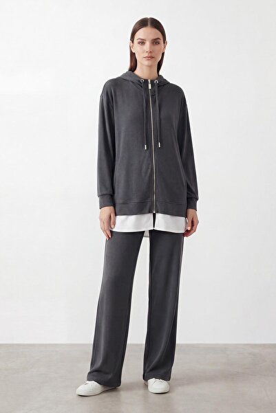 Puane Women's Hooded Zippered Tunic Trousers Set-14427 - Black