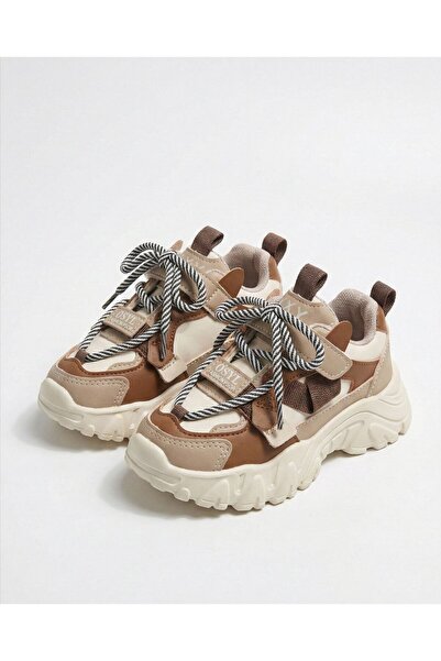 CAN ÇAPAR Children's Beige Brown Thick Soled Velcro and Lace-Up Sports Shoes