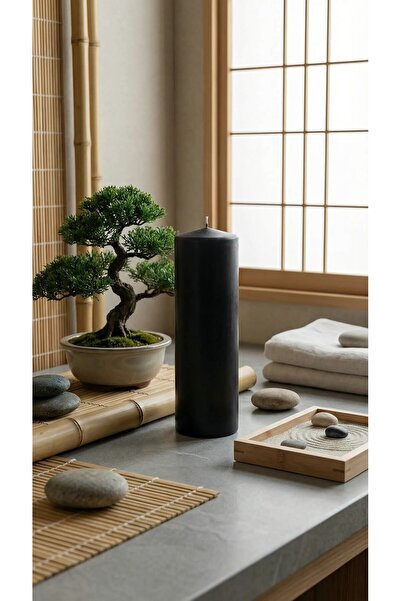 Paşa Cam El İşçiliği Silindir Kütük Mum | Yasemin Kokulu | Siyah Renk | 8×20 cm