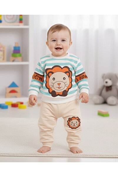 Ege Bebek Lion Patterned Baby Set (3-18 Months) - Striped Long Sleeve Sweatsh...