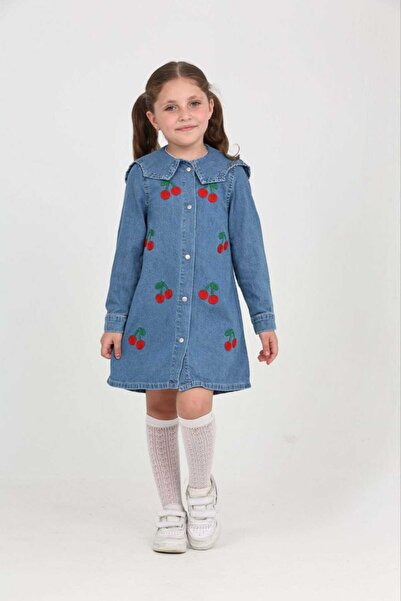 Butik Kız Çocuk Kiraz Nakışlı Kot Elbise