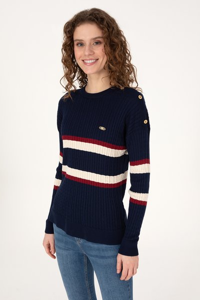 U.S. Polo Assn. سترة نسائية مخططة باللون الأزرق الداكن برقبة دائرية 50309548-VR033