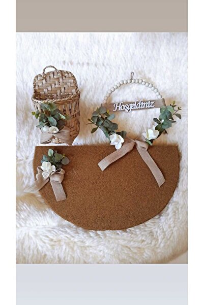 ecrella Hosgeldiniz 3 lü hasır sepetli paspas takımı kapi süsü dekor ev hediy...