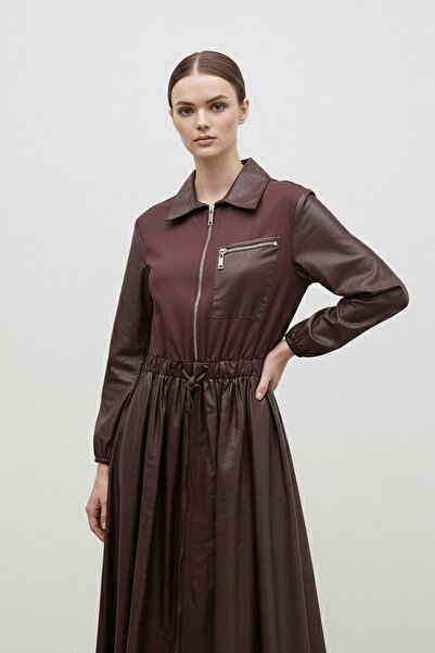Puane Zippered Leather-Look Long Dress-12663 - Burgundy