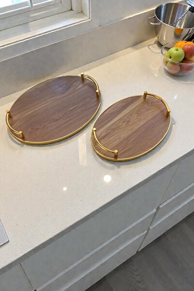 Dore Voir 2 Boy Ahşap Gold Kulplu Tepsi Seti-Açık Kahverengi/Boy 39,5 cm ve 3...
