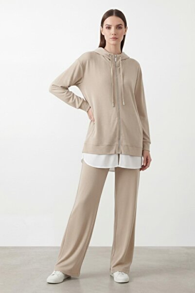 Puane Women's Hooded Zippered Tunic Trousers Set-14427 - Beige