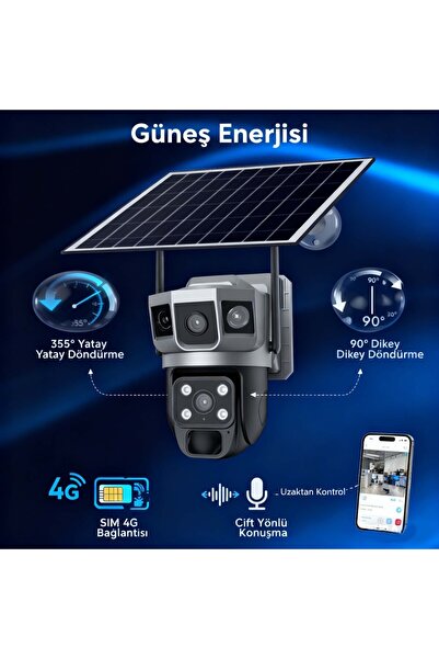 ALFAS 4G SIM Solar Panelli Güneş Enerjili Su Geçirmez 6MP 3 Kameralı Güvenlik Kamerası V380 Pro