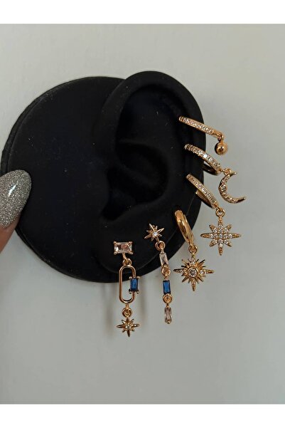 h&b design jewel Çelik Lacivert Taşlı 6 Lı Küpe Seti