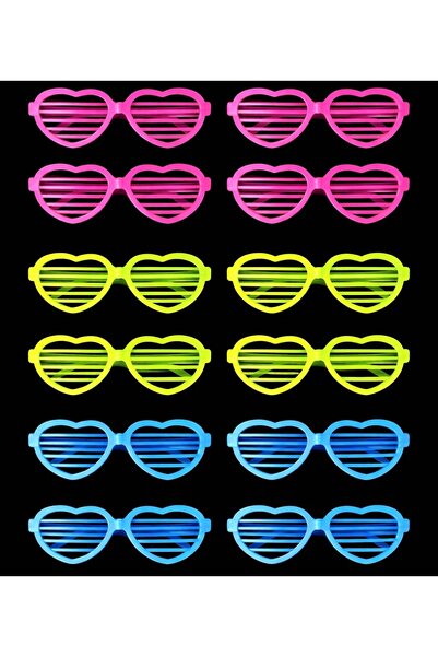 naque Retro Neon Fosforlu Kalp Panjur Gözlük 12 Adet – 80’ler 90’lar Parti Stili