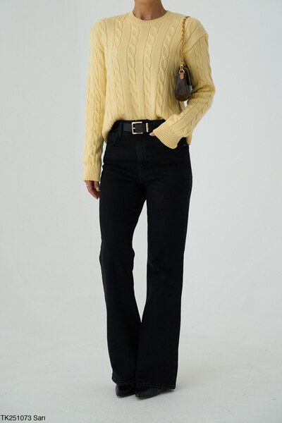 Qu Style Örgü Desenli Sarı Kazak