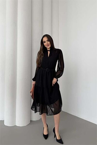 Dipmoda Γυναικείο μαύρο φόρεμα σιφόν Ζώνη τεμαχίων με χαμηλή πλάτη Midi μήκος...