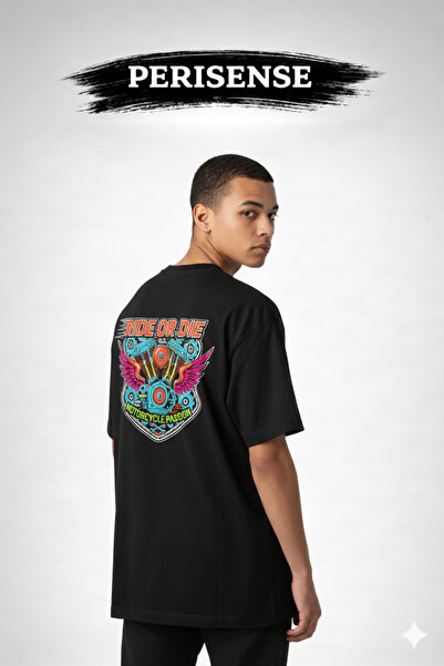 PERISENSE تي شيرت للجنسين من نوع Ride or Die مطبوع مصنوع من القطن الممشط الفا...