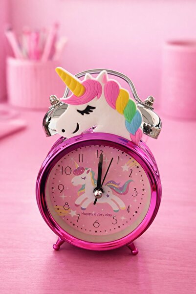 TAKIŞTIR Pembe Renk Unicorn Figürlü Mini Dekoratif Işıklı Alarmlı Yuvarlak Ma...