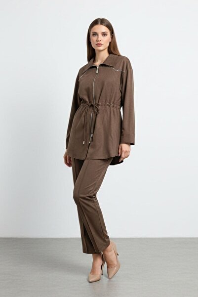 Puane Women's Zippered Collar Waist-Tied Double Set - 14431 - Brown