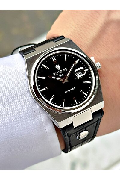 Raymond Black-Silver Color Sapphire Glass Steel Case Men's Wristwatch with Ca...