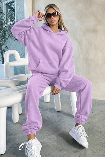 BayBayan kadın kapşonlu beli yüksek kışlık eşofman takımı lastikli