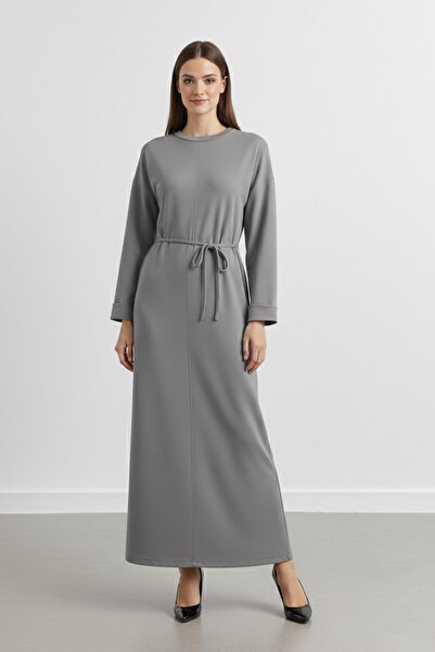 Puane Women's Basic Waist Detailed Long Sleeve Scuba Dress-12672Elb - Antracite