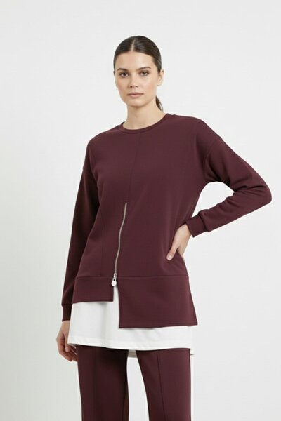 Puane Women's Zipper Detailed Tunic Trousers Set-14438Tks - Burgundy