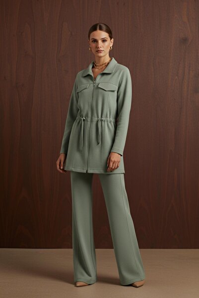 Puane Women's Zipper Detailed Lace-Up Modal Suit-14433Tks - Almond Green