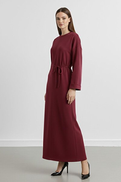 Puane Women's Basic Waist Detailed Long Sleeve Scuba Dress-12672Elb - Damson