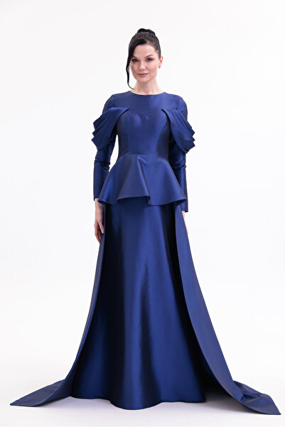 BDM Exclusive Tafta Drape Kollu Peplum Bel Taşlı Premium Abiye Elbise