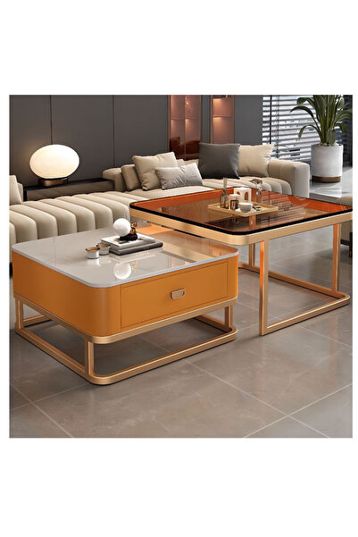 LAOBAN طقم طاولات قهوة متداخلة مكون من قطعتين - سطح زجاجي وسطح من الحجر الأبي...