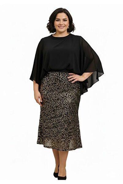 Donna Miranda Büyük Beden Eteği Payetli Kısa Abiye