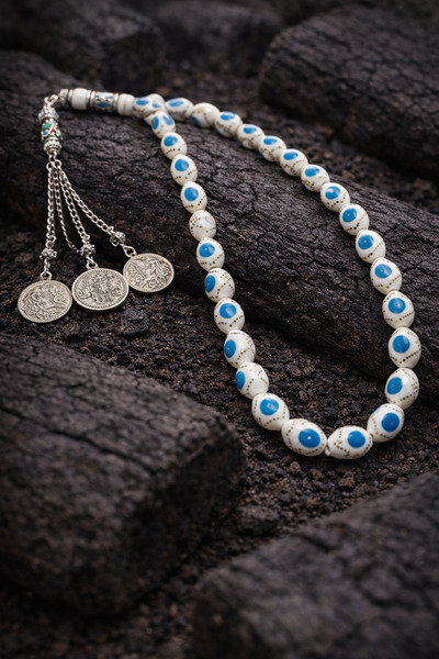 OSMANLI GÜMÜŞ Oval Blue Camel Bone Prayer Beads with Aleppo Tassels, Complete...