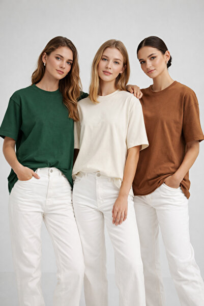 Rich Pachet de tricou tricouri pentru femei, verde-bej-maro bumbac 100% supra...