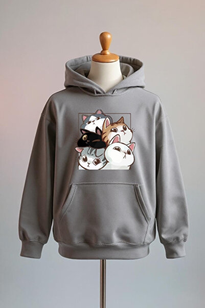 Vordevia Cat Printed Cotton 3 Thread Oversize Hooded Sweatshirt