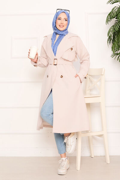 EBRUTESETTÜR Aller Detailed Belted Hijab Trench Coat Stone