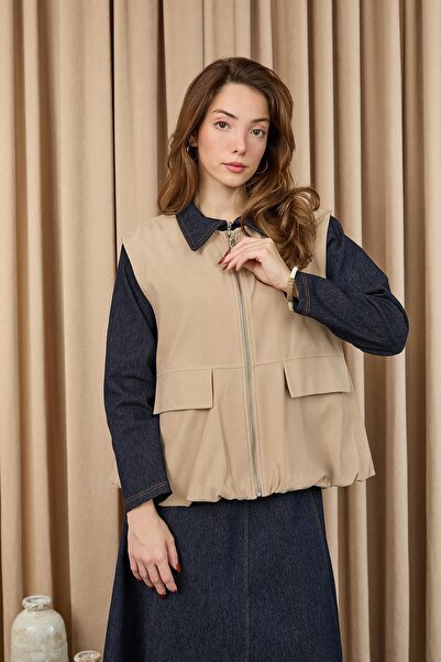 Soul Women's Suede Vest with Pocket Detail - 32404Ylk - Beige