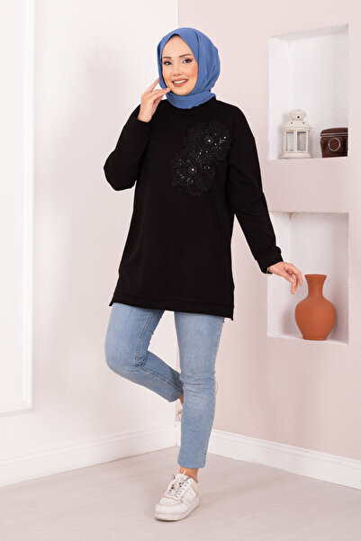 EBRUTESETTÜR Floral Embroidered Soft Hijab Tunic Black