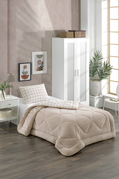 tekstildiyarı Single Double-Sided Welsoft Quilt Set with Pillowcase Cream Square