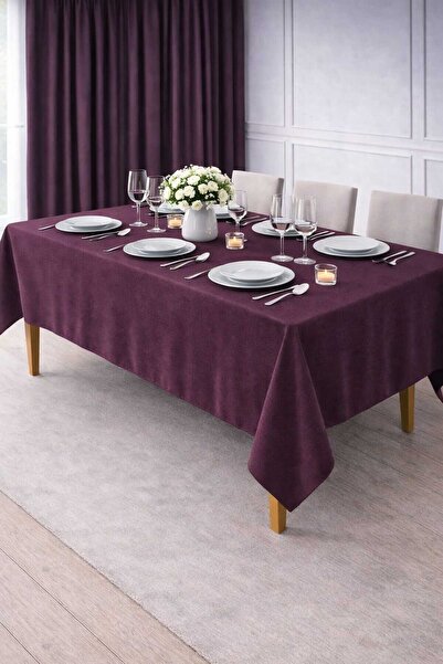 PerdeYap1980 Velvet Textured Dark Plum Color Tablecloth