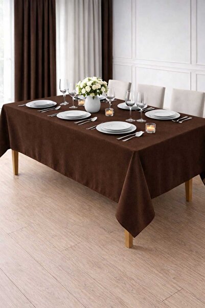 PerdeYap1980 Velvet Textured Dark Brown Tablecloth