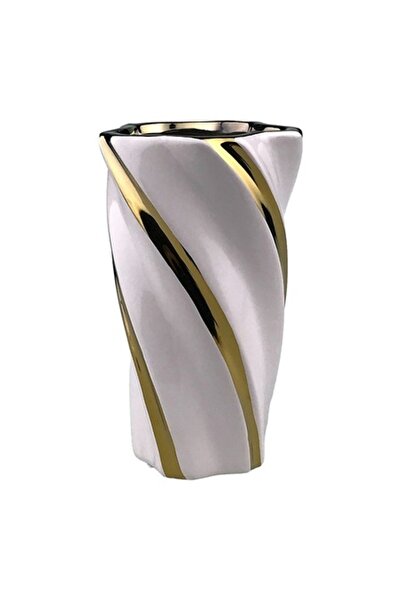 OEM Vază ceramică cu dungi în relief, 13x28 cm, alb-auriu
