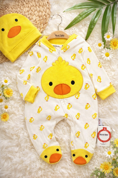 BYMURAT BABY Minik Civciv Neşesi – %100 Pamuk Aylık Bebek Tulum & Bere Seti