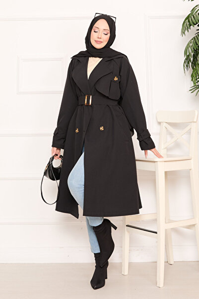 EBRUTESETTÜR Aller Detailed Belted Hijab Trench Coat Black
