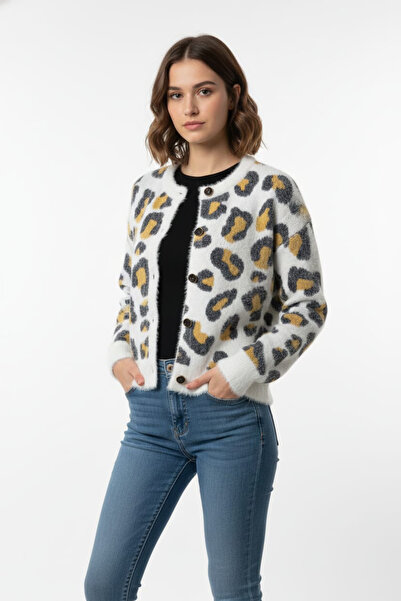 Sementa Leopard Print Bearded Knitwear Cardigan Bone