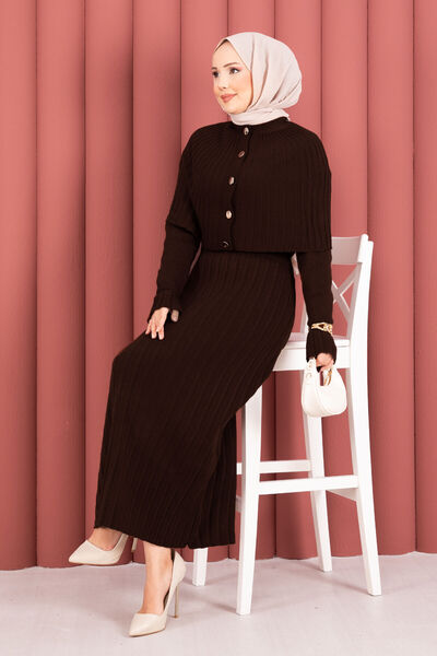 EBRUTESETTÜR Button Detailed Cape Knitwear Dress Set Brown