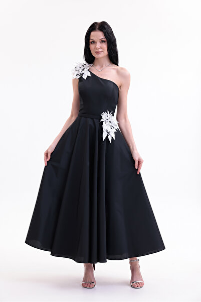 BDM Exclusive Tafta Çiçek Detaylı Tek Omuz Premium Abiye Elbise