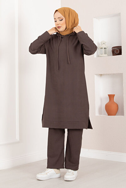 AZR Corded Fabric Hooded Tesettür Double Set Brown