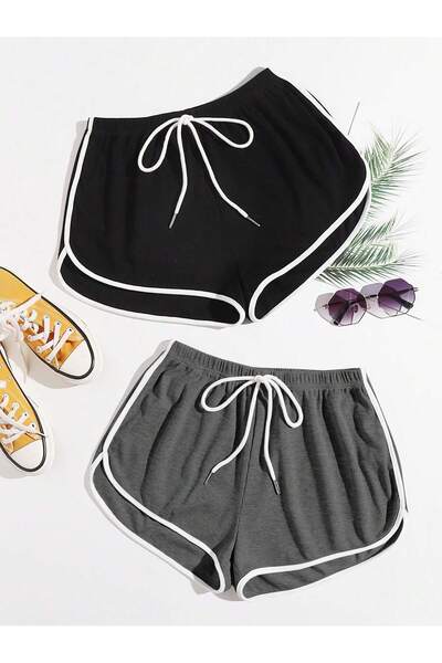 EYAX MODA 2'li شورت نسائي قصير حواف أسطوانية