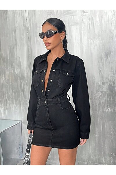 KENE JEANS Long Sleeve Black Short Dress with Leather Detail on the Back
