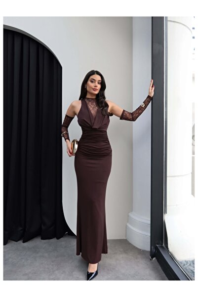 ESRAHELVACI Degaje Yaka Dantelli Uzun Elbise