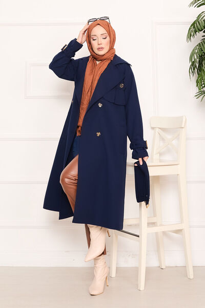 EBRUTESETTÜR Aller Detailed Belted Hijab Trench Coat Navy Blue