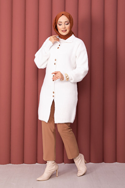 EBRUTESETTÜR Gold Buttoned Hijab Angora Cardigan Ecru